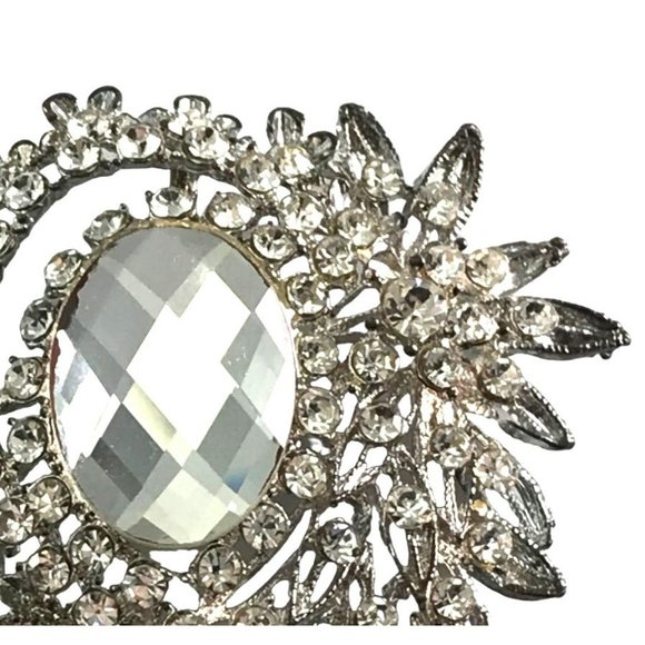 Vintage Large Clear Rhinestone Floral Layered Pendant Necklace Silver Tone 4” - Picture 4 of 6